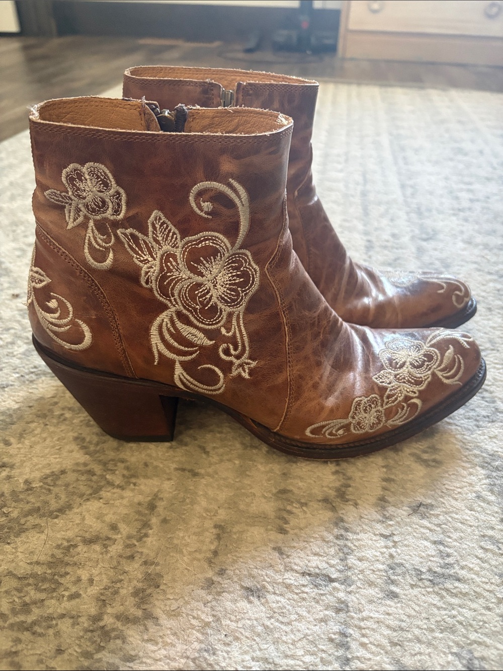 Brown Embroidered Leather Ankle Boots